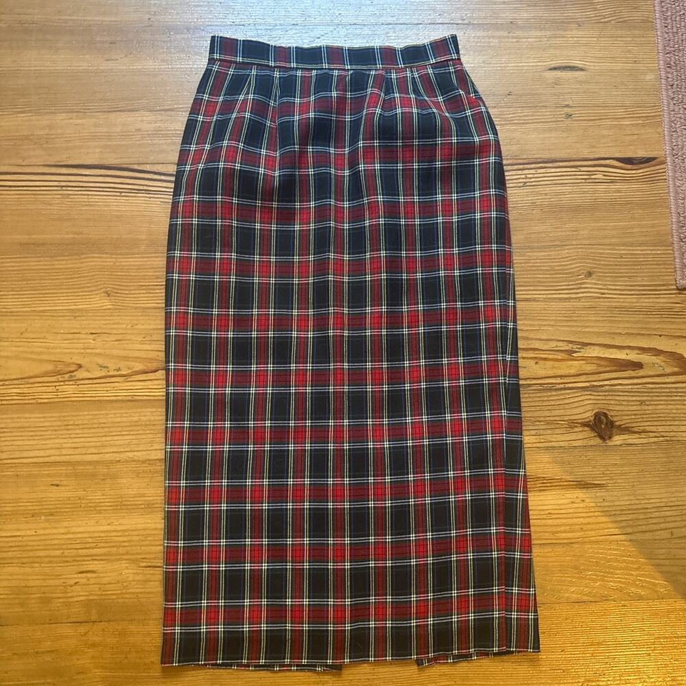 Harris/Wallace red black holiday Christmas plaid midi zip side skirt SIZE 12‎